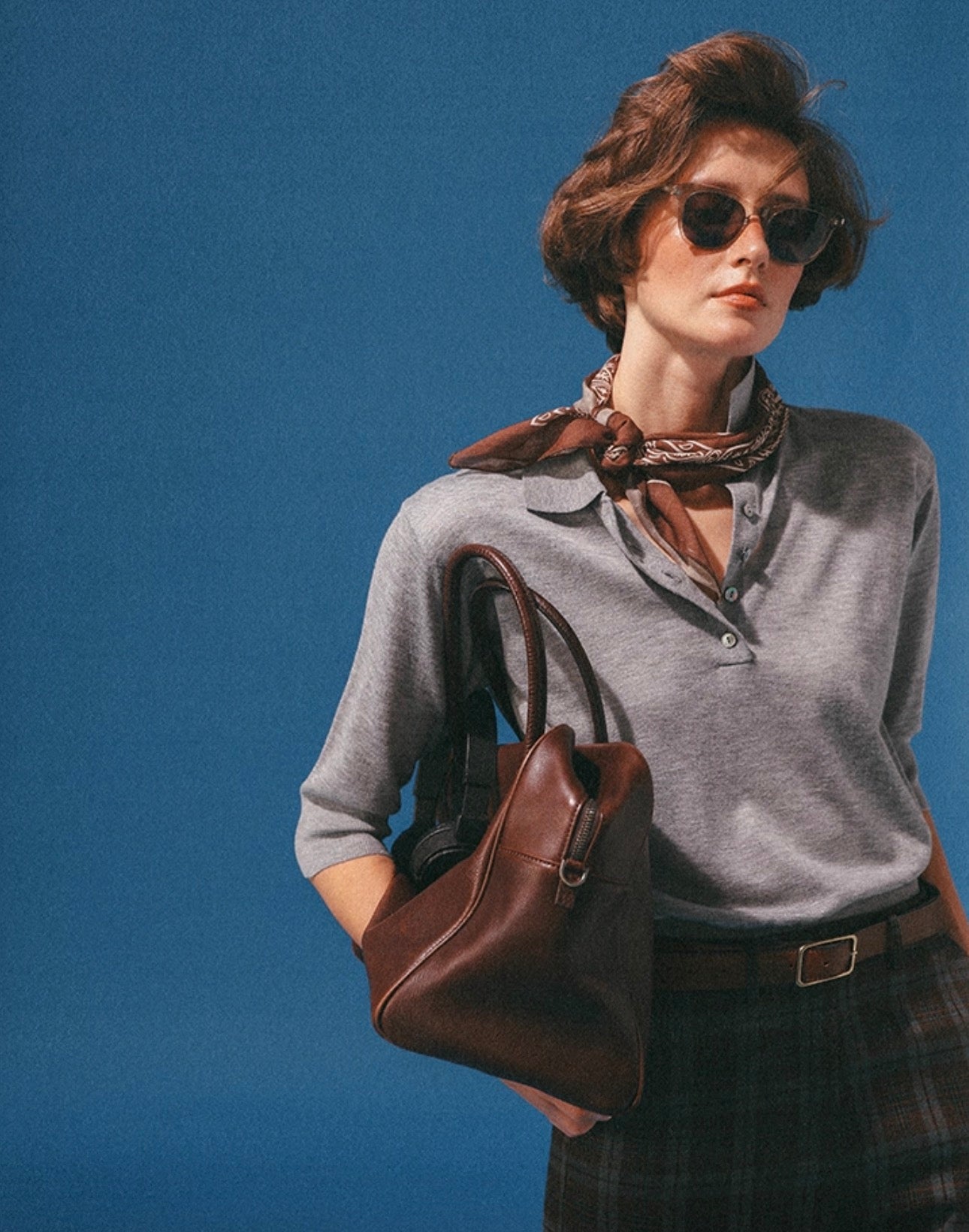 Vintage Heather Gray Polo Collar Mid-Sleeve Knit Top