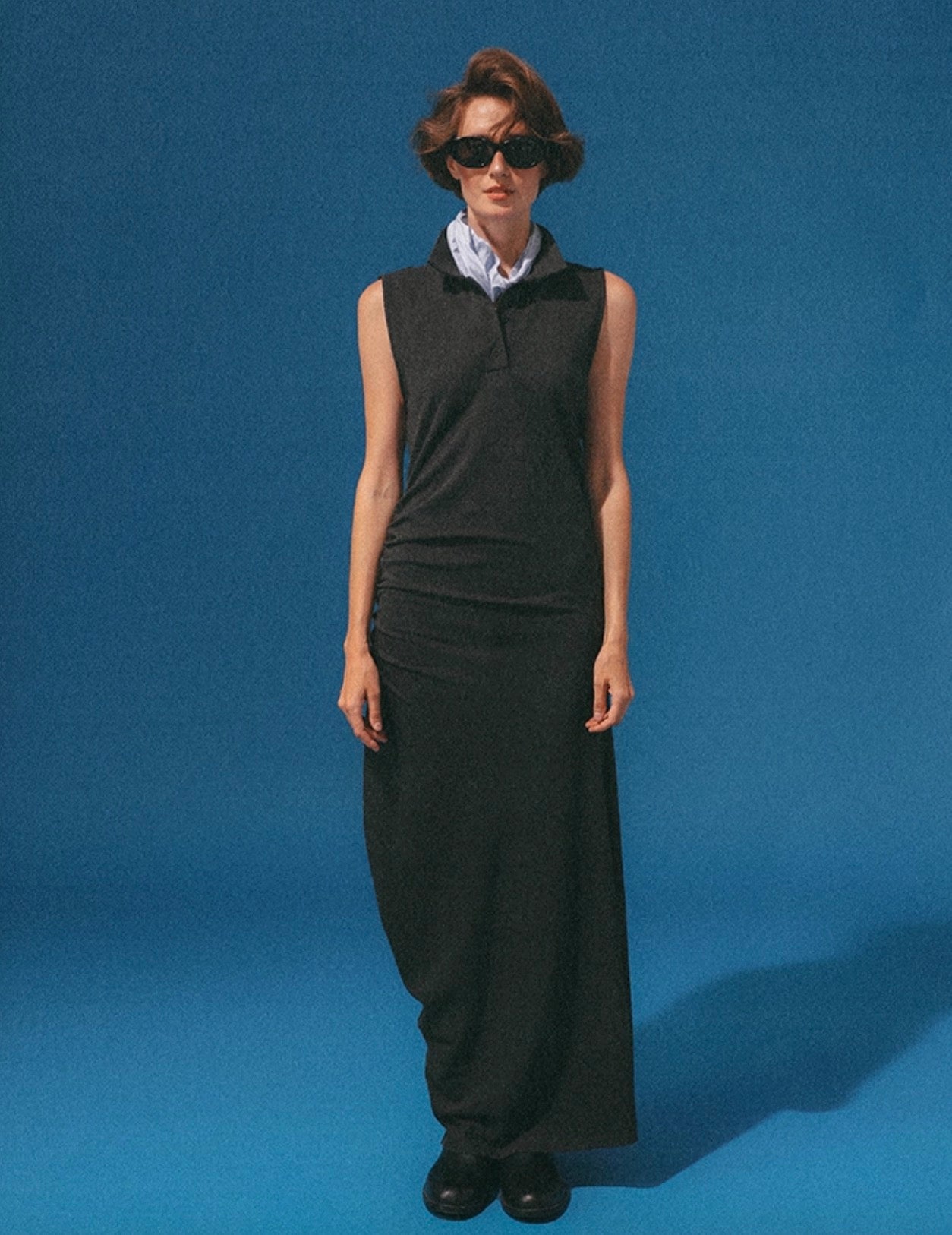 Classic Elegant Deep Heather Gray Polo Collar Asymmetrical Maxi Dress