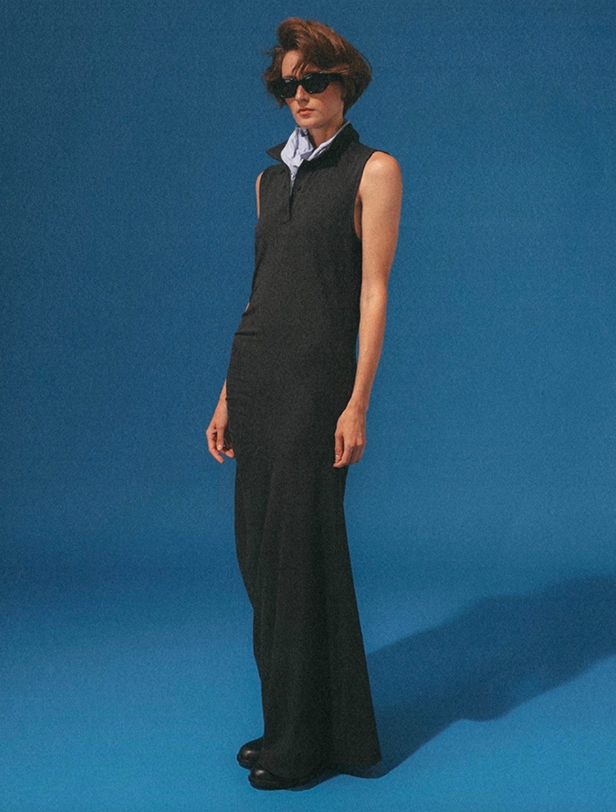 Classic Elegant Deep Heather Gray Polo Collar Asymmetrical Maxi Dress