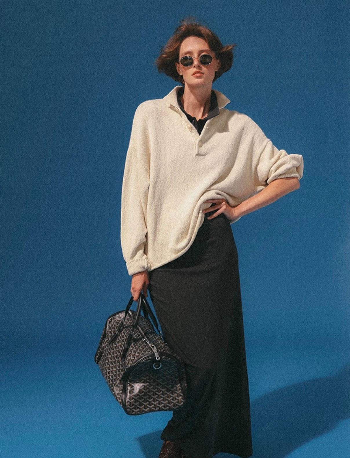 Vintage Ivory Textured High-Neck Knit Sweater