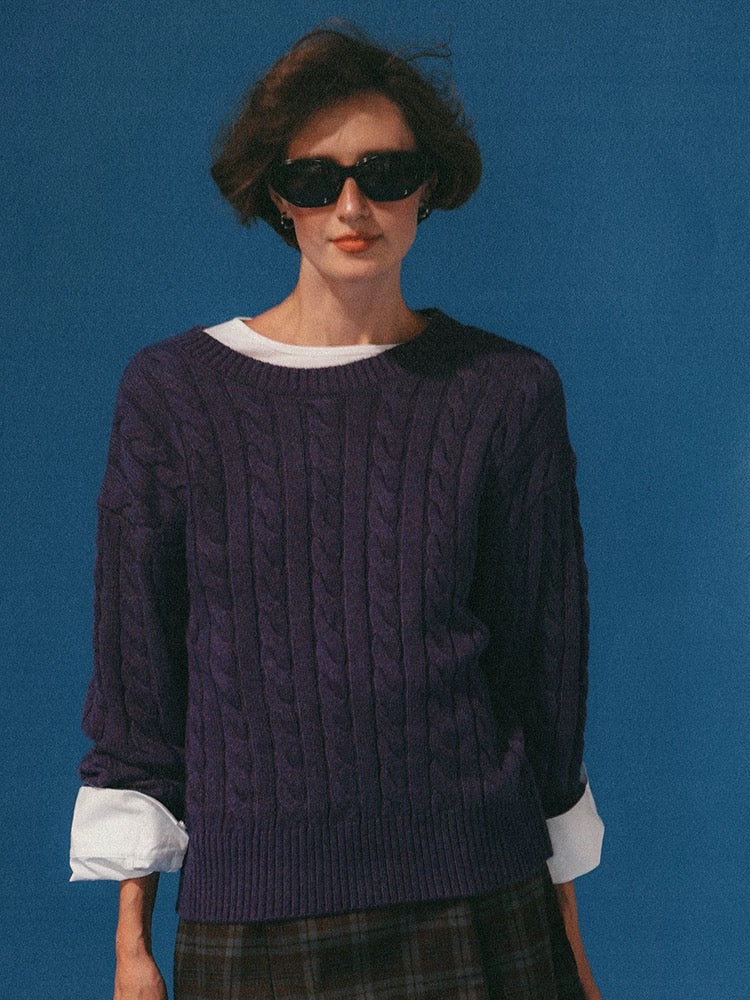 Vintage Purple Cable Knit Crew Neck Wool-Blend Sweater