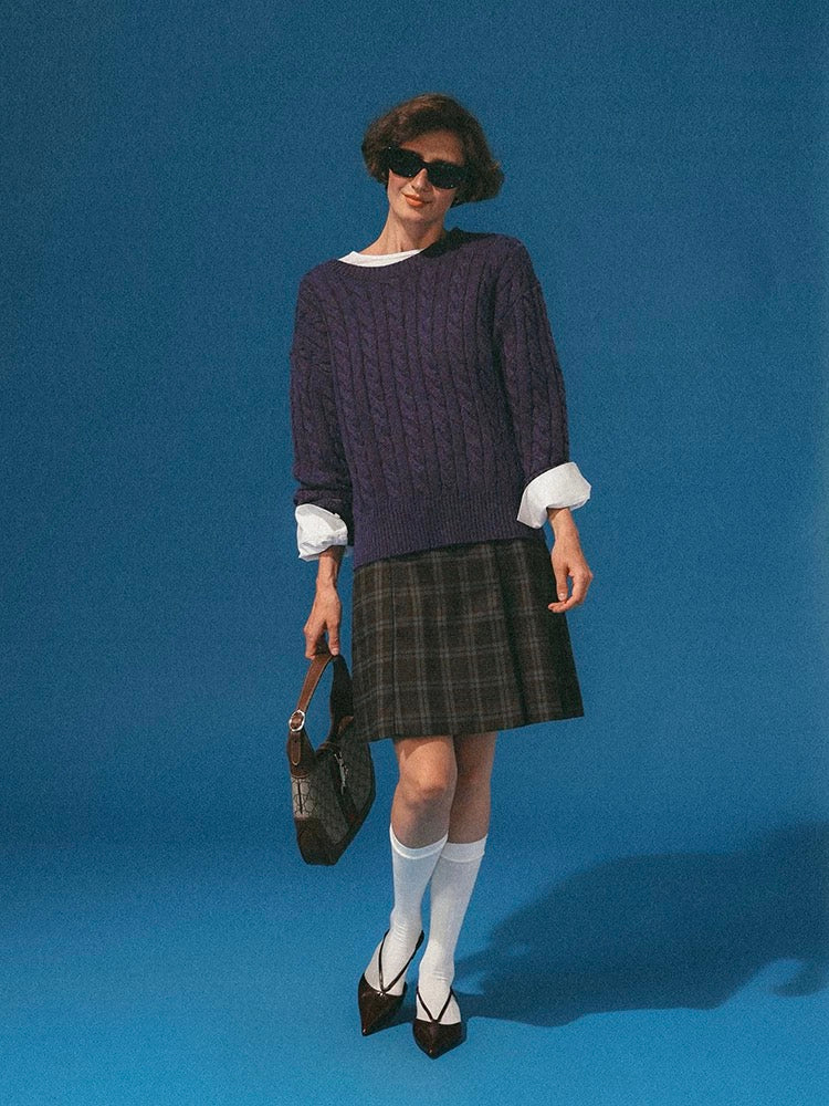 Vintage Purple Cable Knit Crew Neck Wool-Blend Sweater
