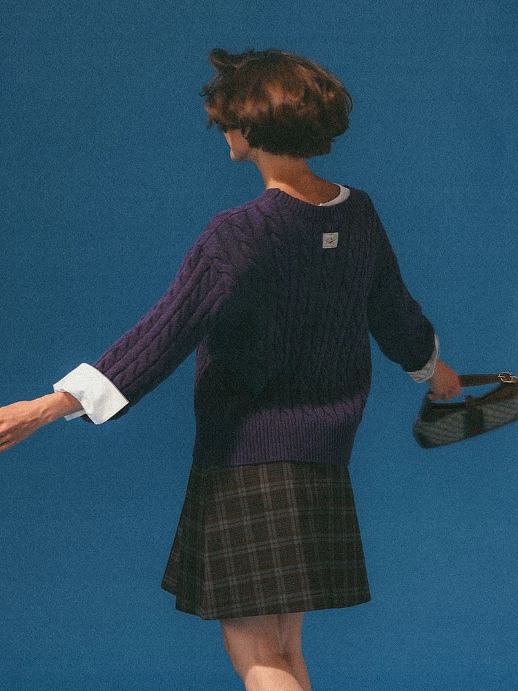 Vintage Purple Cable Knit Crew Neck Wool-Blend Sweater