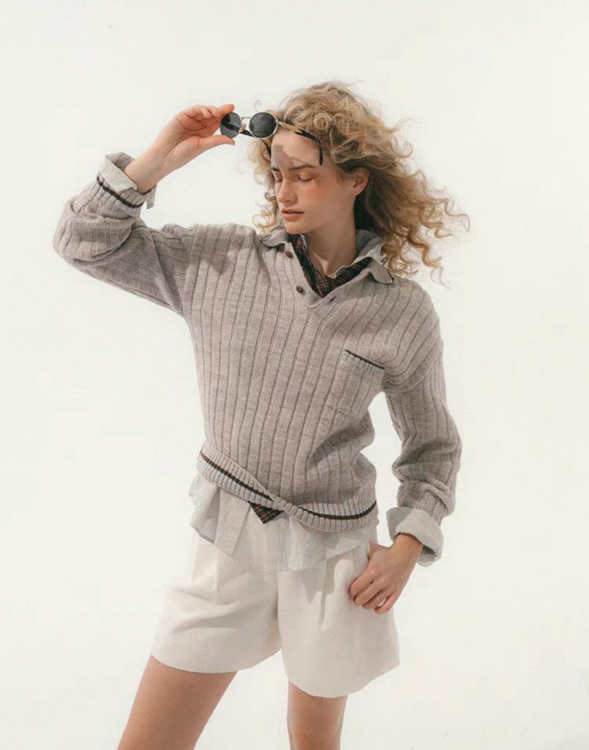 Vintage Deep Oatmeal Ribbed Polo Collar Knit Sweater