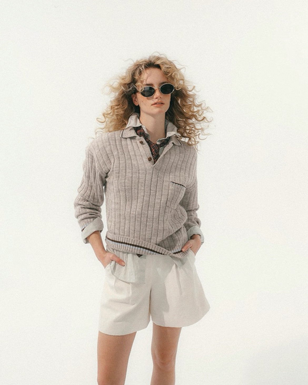 Vintage Deep Oatmeal Ribbed Polo Collar Knit Sweater