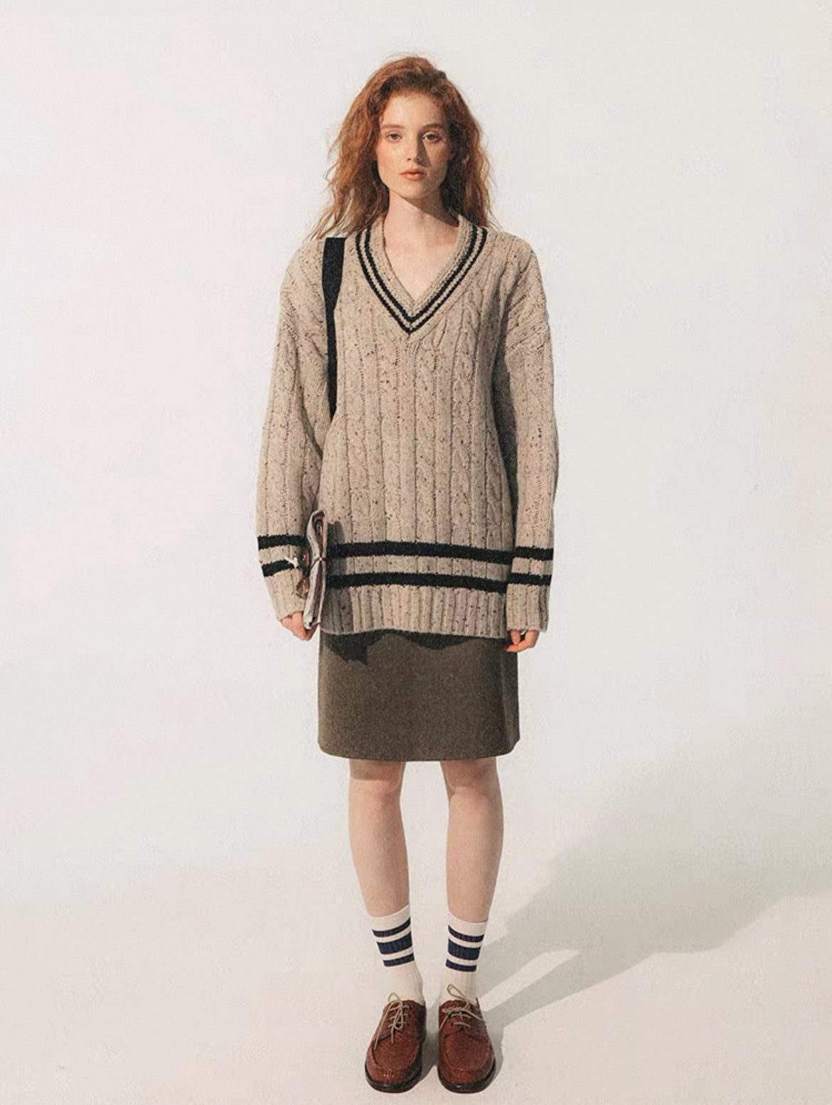 Vintage Collegiate Color-Block Striped V-Neck Wool-Blend Longline Sweater