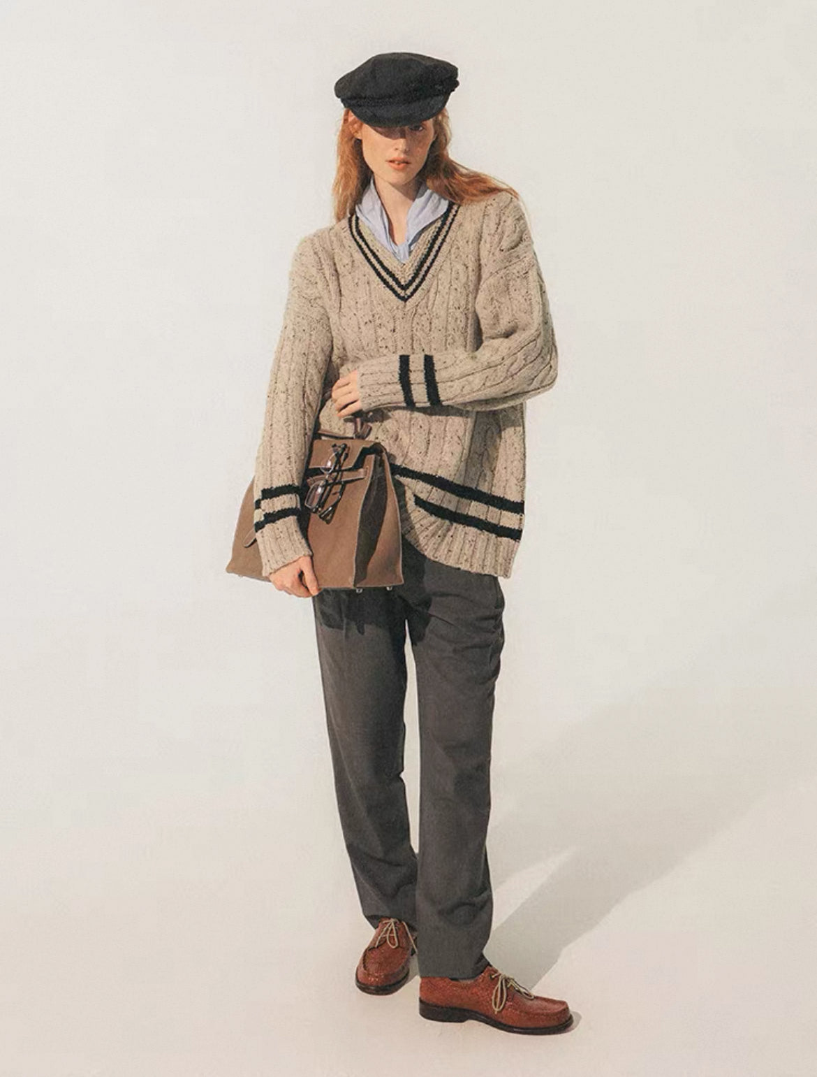 Vintage Collegiate Color-Block Striped V-Neck Wool-Blend Longline Sweater