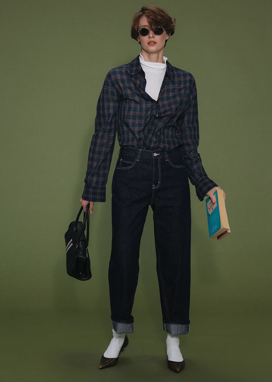 Vintage Color-Block Plaid Long Sleeve Shirt