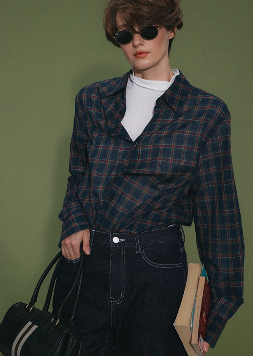 Vintage Color-Block Plaid Long Sleeve Shirt