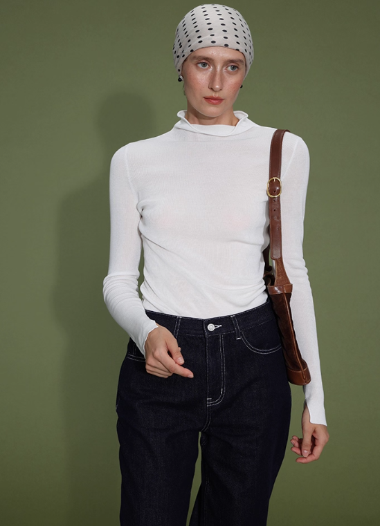 Vintage White Fine Rib Tencel-Cupro High-Neck Knit Sweater