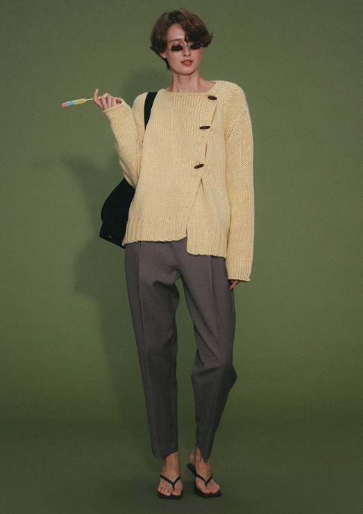 Vintage Cream Yellow Asymmetrical Button Front Heavyweight Knit Cardigan