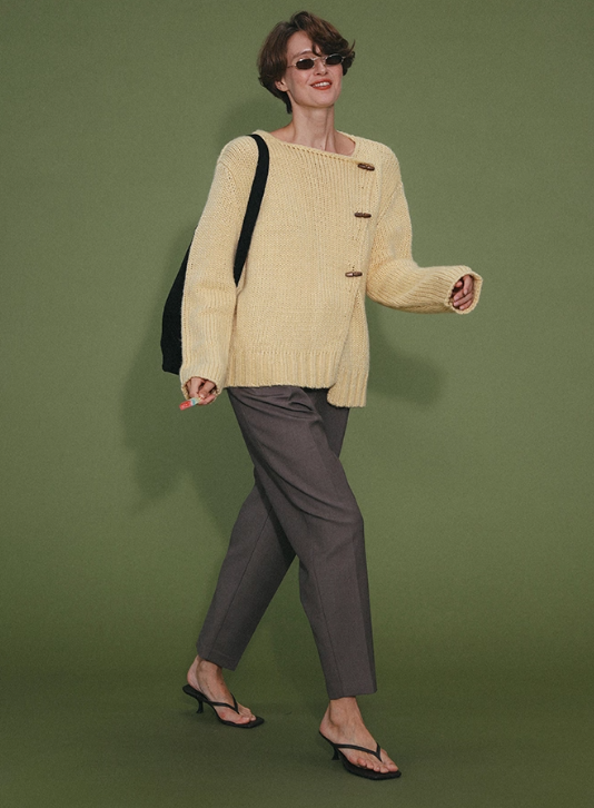 Vintage Cream Yellow Asymmetrical Button Front Heavyweight Knit Cardigan