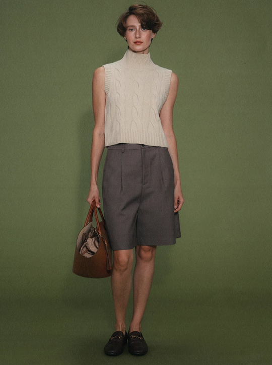 Vintage Light Khaki Cable Knit High-Neck Wool Vest