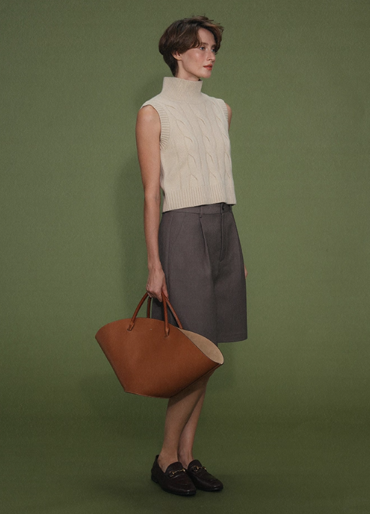 Vintage Light Khaki Cable Knit High-Neck Wool Vest