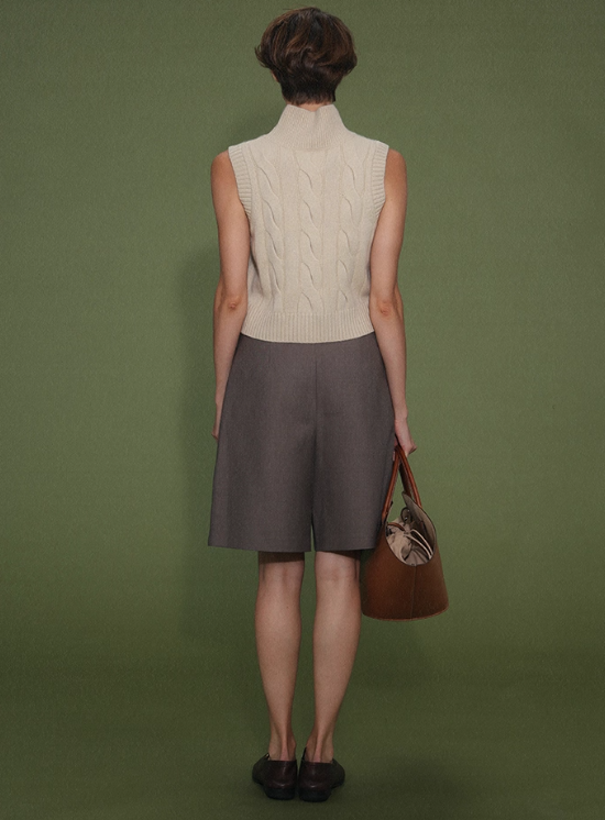 Vintage Light Khaki Cable Knit High-Neck Wool Vest