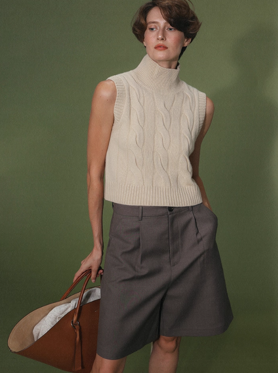 Vintage Light Khaki Cable Knit High-Neck Wool Vest